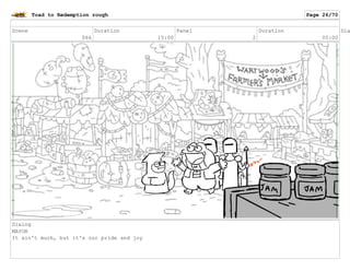 Scene
066
Duration
15:00
Panel
2
Duration
05:00
Dia
Dialog
MAYOR
It ain't much, but it's our pride and joy
Toad to Redemption rough Page 26/70
 