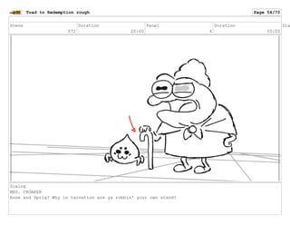 Scene
072
Duration
20:00
Panel
4
Duration
05:00
Dia
Dialog
MRS. CROAKER
Anne and Sprig? Why in tarnation are ya robbin' your own stand?
Toad to Redemption rough Page 54/70
 