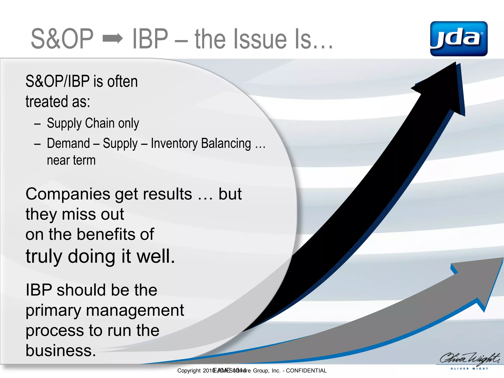 Copyright 2010 JDA Software Group, Inc. - CONFIDENTIAL
S&OP  IBP – the Issue Is…
S&OP/IBP is often
treated as:
– Supply Chain only
– Demand – Supply – Inventory Balancing …
near term
IBP should be the
primary management
process to run the
business.
Companies get results … but
they miss out
on the benefits of
truly doing it well.
EAME 1014
 