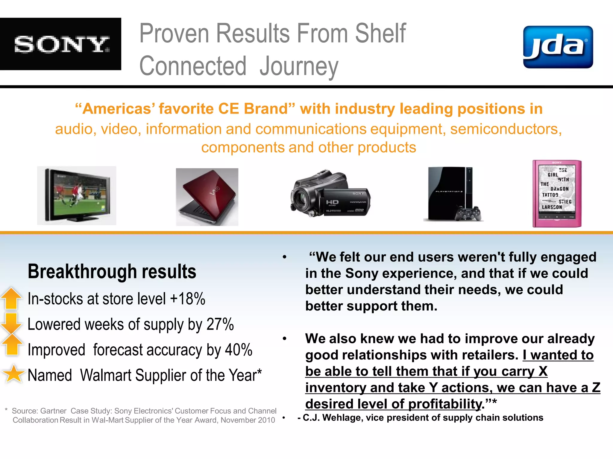 Copyright 2010 JDA Software Group, Inc. - CONFIDENTIAL
“Americas’ favorite CE Brand” with industry leading positions in
audio, video, information and communications equipment, semiconductors,
components and other products
Proven Results From Shelf
Connected Journey
Breakthrough results
In-stocks at store level +18%
Lowered weeks of supply by 27%
Improved forecast accuracy by 40%
Named Walmart Supplier of the Year*
* Source: Gartner Case Study: Sony Electronics' Customer Focus and Channel
Collaboration Result in Wal-Mart Supplier of the Year Award, November 2010
• “We felt our end users weren't fully engaged
in the Sony experience, and that if we could
better understand their needs, we could
better support them.
• We also knew we had to improve our already
good relationships with retailers. I wanted to
be able to tell them that if you carry X
inventory and take Y actions, we can have a Z
desired level of profitability.”*
• - C.J. Wehlage, vice president of supply chain solutions
 