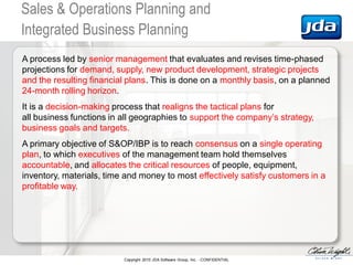 Copyright 2010 JDA Software Group, Inc. - CONFIDENTIAL
Sales & Operations Planning and
Integrated Business Planning
A process led by senior management that evaluates and revises time-phased
projections for demand, supply, new product development, strategic projects
and the resulting financial plans. This is done on a monthly basis, on a planned
24-month rolling horizon.
It is a decision-making process that realigns the tactical plans for
all business functions in all geographies to support the company’s strategy,
business goals and targets.
A primary objective of S&OP/IBP is to reach consensus on a single operating
plan, to which executives of the management team hold themselves
accountable, and allocates the critical resources of people, equipment,
inventory, materials, time and money to most effectively satisfy customers in a
profitable way.
 