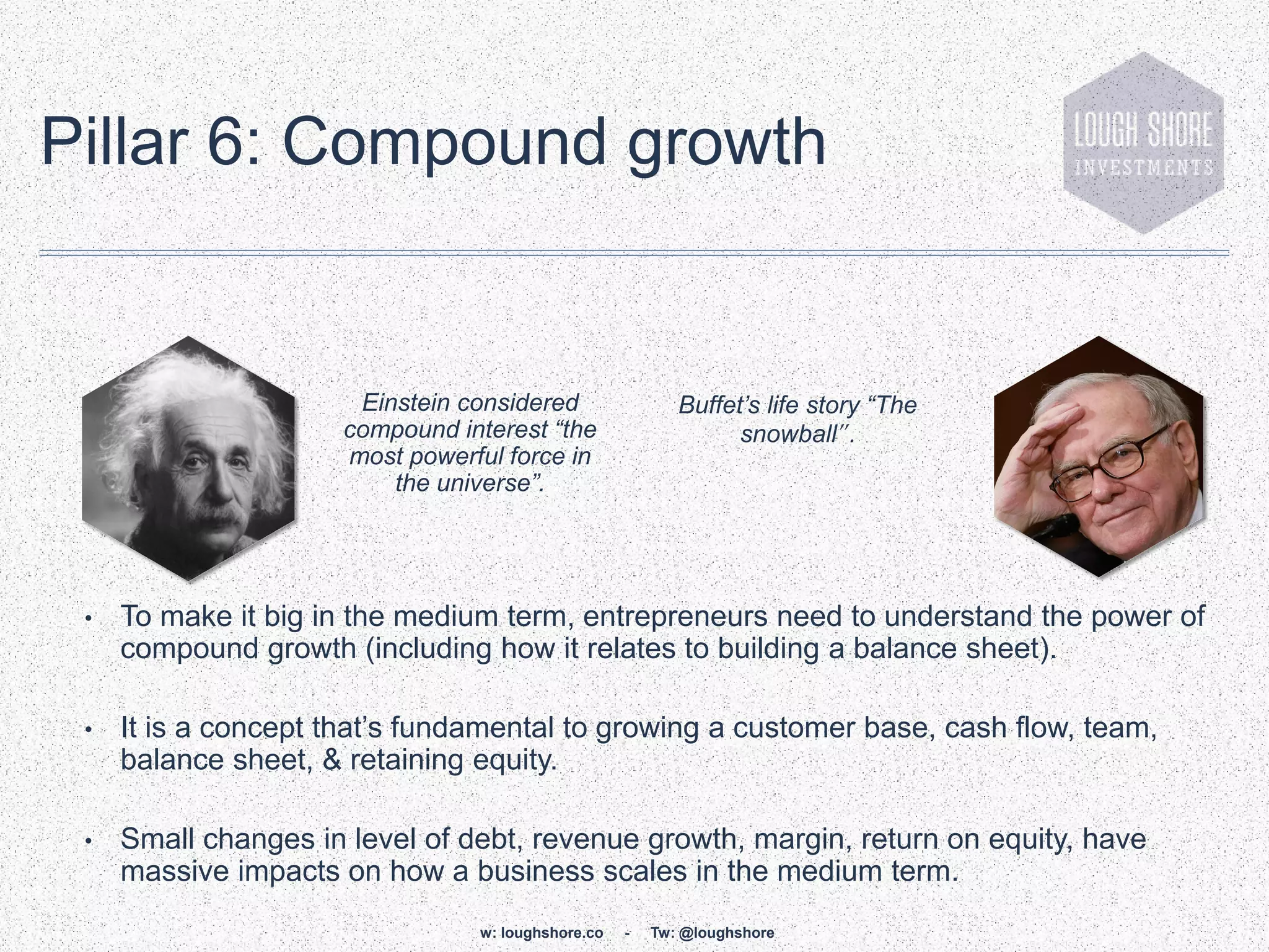 Pillar 6: Compound growth


                      Einstein considered                 Buffet’s life story “The
                     compound interest “the                     snowball”.
                     most powerful force in
                         the universe”.




 •   To make it big in the medium term, entrepreneurs need to understand the power of
     compound growth (including how it relates to building a balance sheet).

 •   It is a concept that‟s fundamental to growing a customer base, cash flow, team,
     balance sheet, & retaining equity.

 •   Small changes in level of debt, revenue growth, margin, return on equity, have
     massive impacts on how a business scales in the medium term.
                                w: loughshore.co   -   Tw: @loughshore
 