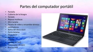 Partes del computador portátil
• Pantalla
• Cubierta de la bisagra
• Teclado
• Reposa muñecas
• Mini tarjeta
• Tarjeta de video y ensamble térmico
• Ventiladores
• Bahía del disco duro
• Porta tarjetas
• Disco duro
• Batería
• Altavoz
• Unidad de DVD
• Procesador térmico
• Puerto USB
 