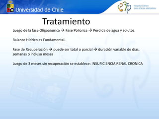 Importancia
• Detección precoz de alteraciones (déficit o
exceso).
• Distinguir origen de alteración.
Tratamiento
Luego de la fase Oligoanurica  Fase Poliúrica  Perdida de agua y solutos.
Balance Hídrico es Fundamental.
Fase de Recuperación  puede ser total o parcial  duración variable de días,
semanas o incluso meses
Luego de 3 meses sin recuperación se establece: INSUFICIENCIA RENAL CRONICA
 