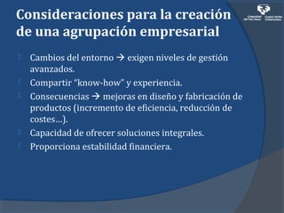Consideraciones para la creación
de una agrupación empresarial
 Cambios del entorno  exigen niveles de gestión
avanzados.
 Compartir “know-how” y experiencia.
 Consecuencias  mejoras en diseño y fabricación de
productos (incremento de eficiencia, reducción de
costes…).
 Capacidad de ofrecer soluciones integrales.
 Proporciona estabilidad financiera.
 