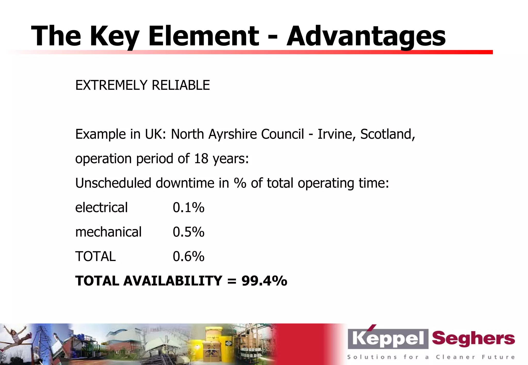 The Key Element - Advantages
  EXTREMELY RELIABLE


  Example in UK: North Ayrshire Council - Irvine, Scotland,
  operation period of 18 years:
  Unscheduled downtime in % of total operating time:
  electrical      0.1%
  mechanical      0.5%
  TOTAL           0.6%
  TOTAL AVAILABILITY = 99.4%
 