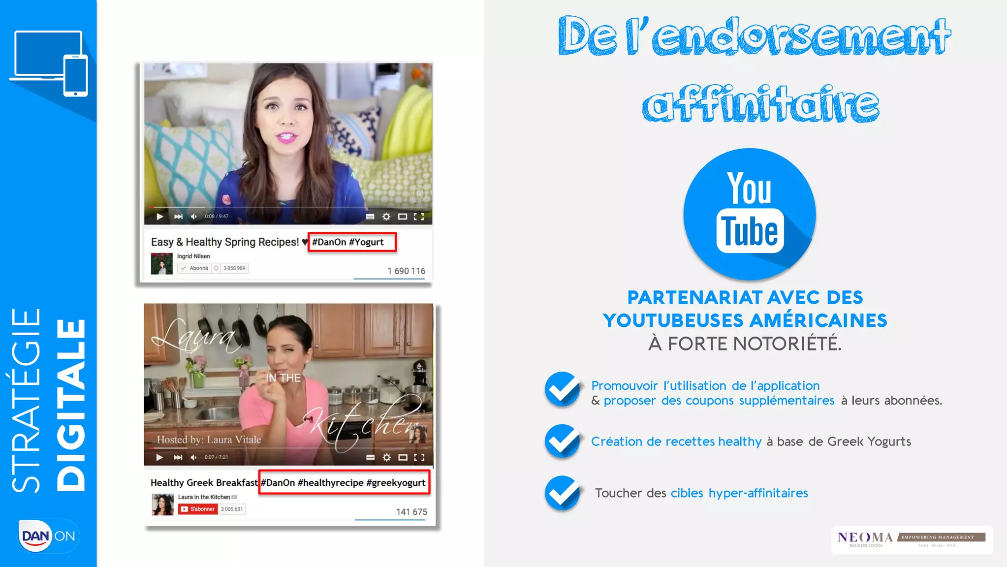 PARTENARIAT AVEC DES
YOUTUBEUSES AMÉRICAINES
À FORTE NOTORIÉTÉ.
Promouvoir l’utilisation de l’application
& proposer des coupons supplémentaires à leurs abonnées.
Création de recettes healthy à base de Greek Yogurts
Toucher des cibles hyper-affinitaires
De l’endorsement
affinitaire
STRATÉGIE
DIGITALE
 