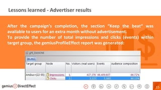 15
After the campaign’s completion, the section “Keep the beat“ was
available to users for an extra month without advertisement.
To provide the number of total impressions and clicks (events) within
target group, the gemiusProfileEffect report was generated:
Lessons learned - Advertiser results
 
