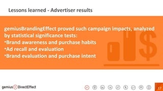 17
Lessons learned - Advertiser results
gemiusBrandingEffect proved such campaign impacts, analyzed
by statistical significance tests:
•Brand awareness and purchase habits
•Ad recall and evaluation
•Brand evaluation and purchase intent
 