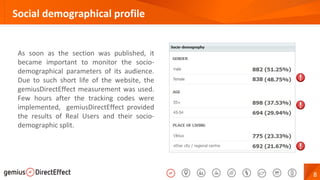 8
Social demographical profile
As soon as the section was published, it
became important to monitor the socio-
demographical parameters of its audience.
Due to such short life of the website, the
gemiusDirectEffect measurement was used.
Few hours after the tracking codes were
implemented, gemiusDirectEffect provided
the results of Real Users and their socio-
demographic split.
 