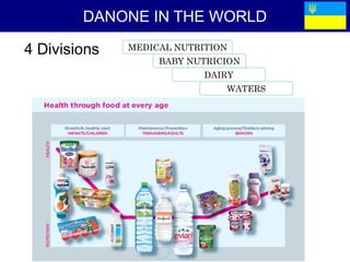 DANONE IN THE WORLD

4 Divisions   MEDICAL NUTRITION
                   BABY NUTRICION
                           DAIRY
                              WATERS
 