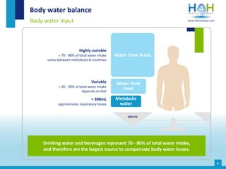 9
Body water balance
Body water input
Drinking water and beverages represent 70 - 80% of total water intake,
and therefore are the largest source to compensate body water losses.
≈ 300mL
approximates respiratory losses
Variable
≈ 20 - 30% of total water intake
depends on diet
Highly variable
≈ 70 - 80% of total water intake
varies between individuals & countries
INPUTS
Water from fluids
Water from
food
Metabolic
water
www.h4hinitiative.com
 