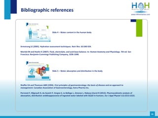 Armstrong LE (2005). Hydration assessment techniques. Nutr Rev. 63:S40-S54.
Marieb EN and Hoehn K (2007). Fluid, electrolyte, and acid-base balance. In: Human Anatomy and Physiology. 7th ed. San
Francisco: Benjamin-Cummings Publishing Company, 1036-1048.
Bibliographic references
16
Shaffer EA and Thomson ABR (1994). First principles of gastroenterology: the basis of disease and an approach to
management. Canadian Association of Gastroenterology; Astra Pharma Inc.
Perronet F, Mignault D, du Souich P, Vergne S, Le Bellego L, Jimenez L, Rabasa-Lhoret R (2012). Pharmacokinetic analysis of
absorption, distribution anddisappearance of ingested water labeled with D(2)O in humans. Eur J Appl Physiol 112:2213-2222.
Slide 5 – Water absorption and distribution in the body
Slide 4 – Water content in the human body
www.h4hinitiative.com
 