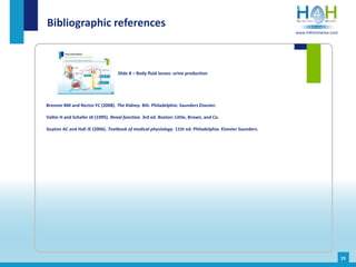 Brenner BM and Rector FC (2008). The Kidney. 8th. Philadelphia: Saunders Elsevier.
Valtin H and Schafer JA (1995). Renal function. 3rd ed. Boston: Little, Brown, and Co.
Guyton AC and Hall JE (2006). Textbook of medical physiology. 11th ed. Philadelphia: Elsevier Saunders.
Bibliographic references
Slide 8 – Body fluid losses: urine production
19
www.h4hinitiative.com
 