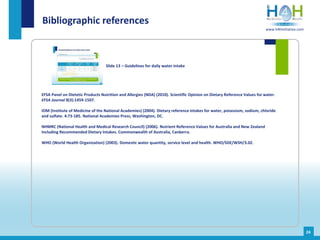EFSA Panel on Dietetic Products Nutrition and Allergies (NDA) (2010). Scientific Opinion on Dietary Reference Values for water.
EFSA Journal 8(3):1459-1507.
IOM (Institute of Medicine of the National Academies) (2004). Dietary reference intakes for water, potassium, sodium, chloride
and sulfate. 4:73-185. National Academies Press, Washington, DC.
NHMRC (National Health and Medical Research Council) (2006). Nutrient Reference Values for Australia and New Zealand
Including Recommended Dietary Intakes. Commonwealth of Australia, Canberra.
WHO (World Health Organization) (2003). Domestic water quantity, service level and health. WHO/SDE/WSH/3.02.
Bibliographic references
Slide 13 – Guidelines for daily water intake
24
www.h4hinitiative.com
 