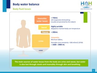7
Body water balance
Body fluid losses
The main sources of water losses from the body are urine and sweat, but water
is also lost through stools and insensibly through skin and breathing.
≈ 750mL
skin evaporation & breathing
(usually not perceived by the subject)
≈ 200mL
Adaptable
Minimum 500mL;
Desirable urine osmolarity = 500 mOsm/L (EFSA)
> 1600 – 2000 mL
Highly variable
Adapted to maintain body core temperature
LOSSES
Urine
Faeces
Sweat
Insensible
water losses
www.h4hinitiative.com
 