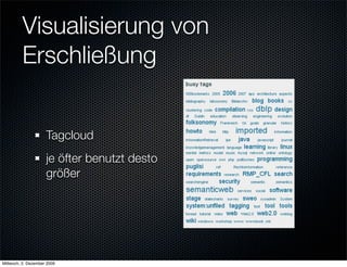 Visualisierung von
         Erschließung


                     Tagcloud
                     je öfter benutzt desto
                     größer




Mittwoch, 2. Dezember 2009
 