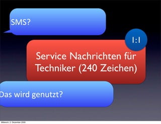 SMS?

                                                  1:1
                             Service Nachrichten für
                             Techniker (240 Zeichen)

Das	
  wird	
  genutzt?

Mittwoch, 2. Dezember 2009
 