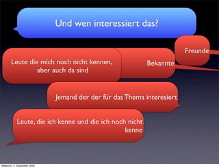 Und wen interessiert das?

                                                                        Freunde
       Leute die mich noch nicht kennen,                   Bekannte
                aber auch da sind


                             Jemand der der für das Thema interesiert


            Leute, die ich kenne und die ich noch nicht
                                                 kenne



Mittwoch, 2. Dezember 2009
 