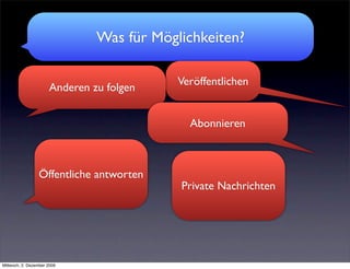 Was für Möglichkeiten?

                                           Veröffentlichen
                      Anderen zu folgen


                                             Abonnieren



                 Öffentliche antworten
                                           Private Nachrichten




Mittwoch, 2. Dezember 2009
 
