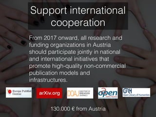 From 2017 onward, all research and
funding organizations in Austria
should participate jointly in national
and international initiatives that
promote high-quality non-commercial
publication models and
infrastructures.
Support international
cooperation
130.000 € from Austria
 