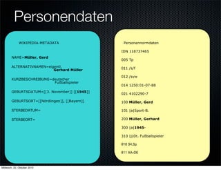 Personendaten
              WIKIPEDIA-METADATA                 Personennormdaten

                                                IDN 118737465
        NAME=Müller, Gerd
                                                005 Tp

        ALTERNATIVNAMEN=eigentl.                011 /s/f
                           Gerhard Müller
                                                012 /svw
        KURZBESCHREIBUNG=deutscher
                          Fußballspieler
                                                014 1250:01-07-88
        GEBURTSDATUM=[[3. November]] [[1945]]
                                                021 4102290-7

        GEBURTSORT=[[Nördlingen]], [[Bayern]]   100 Müller, Gerd

        STERBEDATUM=                            101 |a|Sport-B.

        STERBEORT=                              200 Müller, Gerhard

                                                300 |a|1945-

                                                310 |j|Dt. Fußballspieler

                                                810 34.3p

                                                811 XA-DE



Mittwoch, 20. Oktober 2010
 