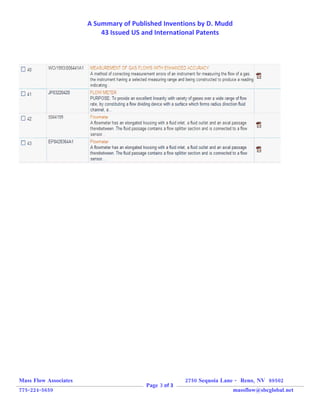 A Summary of Published Inventions by D. Mudd
                           43 Issued US and International Patents




Mass Flow Associates                                  2750 Sequoia Lane - Reno, NV 89502
                                        Page 3 of 3
775-224-5659                                                          massflow@sbcglobal.net
 