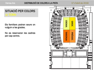 SITUACIÓ PER COLORS
1r TORN
AV. DE
L’ESTADI
AV. DE
L’ESTADI
ESCOLESESCOLES
ESCOLESESCOLES
GROCPRÉSSEC
CREMATARONJA
Els familiars podran seure on
vulguin a les grades.
No es reservaran les cadires
per cap centre.
Dansa Ara DISTRIBUCIÓ DE COLORS A LA PISTA 17 d’abril de 2018
 