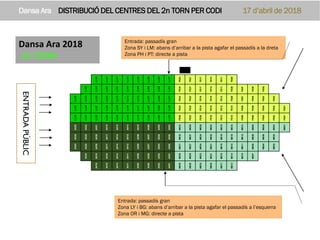 Dansa Ara 2018
2n TORN
Dansa Ara DISTRIBUCIÓ DEL CENTRES DEL 2n TORN PER CODI 17 d’abril de 2018
Entrada: passadís gran
Zona SY i LM: abans d’arribar a la pista agafar el passadís a la dreta
Zona PH i PT: directe a pista
Entrada: passadís gran
Zona LY i BG: abans d’arribar a la pista agafar el passadís a l’esquerra
Zona OR i MG: directe a pista
ENTRADAPÚBLIC
LLI25
LLI21
LLI17
LLI13
LLI09
LLI06
LLI03
LLI01
FE24
FE21
FE17
FE14
FE11
FE09
LLI29
LLI25
LLI21
LLI17
LLI13
LLI09
LLI06
LLI03
LLI01
FE24
FE21
FE17
FE14
FE11
FE09
FE07
FE05
FE03
LLI30
LLI29
LLI26
LLI22
LLI18
LLI14
LLI10
LLI07
LLI04
LLI01
FE24
FE22
FE18
FE15
FE12
FE09
FE07
FE05
FE03
FE02
LLI31
LLI29
LLI27
LLI23
LLI19
LLI15
LLI11
LLI07
LLI04
LLI02
FE24
FE22
FE19
FE15
FE12
FE10
FE08
FE06
FE04
FE02
FE01
LLI32
LLI29
LLI28
LLI24
LLI20
LLI16
LLI12
LLI08
LLI05
LLI02
FE25
FE23
FE20
FE16
FE13
FE10
FE08
FE06
FE04
FE02
FE01
AV25
AV23
AV21
AV18
AV15
AV13
AV10
AV08
AV05
AV03
ME33
ME28
ME25
ME22
ME19
ME16
ME12
ME09
ME06
ME03
ME01
AV24
AV23
AV20
AV17
AV14
AV12
AV09
AV07
AV04
AV02
ME32
ME27
ME24
ME22
ME19
ME16
ME12
ME09
ME05
ME03
AV24
AV22
AV20
AV17
AV14
AV12
AV09
AV07
AV04
AV02
ME31
ME27
ME24
ME21
ME18
ME15
ME11
ME08
ME04
ME02
AV22
AV19
AV16
AV14
AV11
AV09
AV06
AV04
AV01
ME30
ME26
ME23
ME21
ME18
ME14
ME10
ME07
AV19
AV16
AV14
AV11
AV09
AV06
AV04
AV01
ME29
ME26
ME23
ME20
ME17
ME13
 