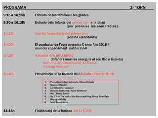 AV. DE
L’ESTADI
AV. DE
L’ESTADI
PROGRAMA 1r TORN
9.15 a 10.15h Entrada de les famílies a les grades
9.30 a 10.15h Entrada dels infants del primer torn a la pista
(per posar-se les samarretes).
10.15h Inici de l’espectacle del primer torn
(sortida estandards)
10.20h El conductor de l’acte presenta Dansa Ara 2018 i
anuncia el parlament institucional
10.25h Actuació dels BALLARINS
(Infants i mestres asseguts al seu lloc a la pista)
Ballarins del Conservatori de Dansa
Factoria Mascaró
10.40h Presentació de la ballada de l’ALUMNAT del 1r TORN
11.15h Finalització de la ballada del 1r TORN
1. Preludi per a Ivan Ivànovitx. Eduard Iniesta
2. Bourreé Handel
3. La Solipanta (popular)
4. Banana boat song. Harry Belafonte
5. Osú . Radio Tarifa
6. Op.23- In The Hall of the Mountain King. Grieg: Peer Gynt
7. Happy birthday
8. Soul Bossa Nova
 
