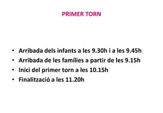 Dansa Ara curs 2015-16
PRIMER TORN
• Arribada dels infants a les 9.30h i a les 9.45h
• Arribada de les famílies a partir d...