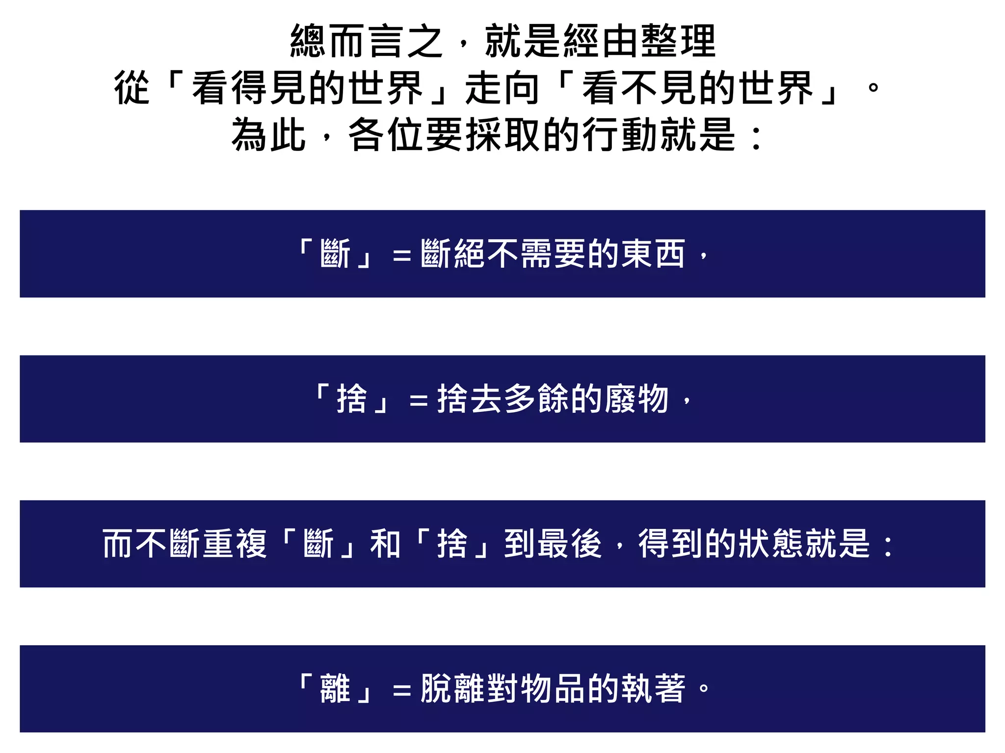 總而言之，就是經由整理
從「看得見的世界」走向「看不見的世界」。
為此，各位要採取的行動就是：
「斷」＝斷絕不需要的東西，
「捨」＝捨去多餘的廢物，
而不斷重複「斷」和「捨」到最後，得到的狀態就是：
「離」＝脫離對物品的執著。
 