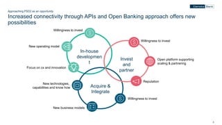 33
Approaching PSD2 as an opportunity
Increased connectivity through APIs and Open Banking approach offers new
possibilities
Willingness to invest
Open platform supporting
scaling & partnering
Focus on cx and innovation
Willingness to invest
New technologies,
capabilities and know how
New business models
New operating model
In-house
developmen
t
Invest
and
partner
Acquire &
Integrate
Reputation
Willingness to invest
 