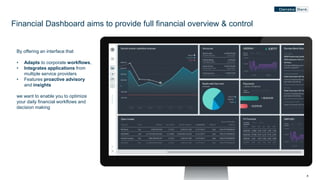 8
Financial Dashboard aims to provide full financial overview & control
By offering an interface that
• Adapts to corporate workflows,
• Integrates applications from
multiple service providers
• Features proactive advisory
and insights
we want to enable you to optimize
your daily financial workflows and
decision making
 