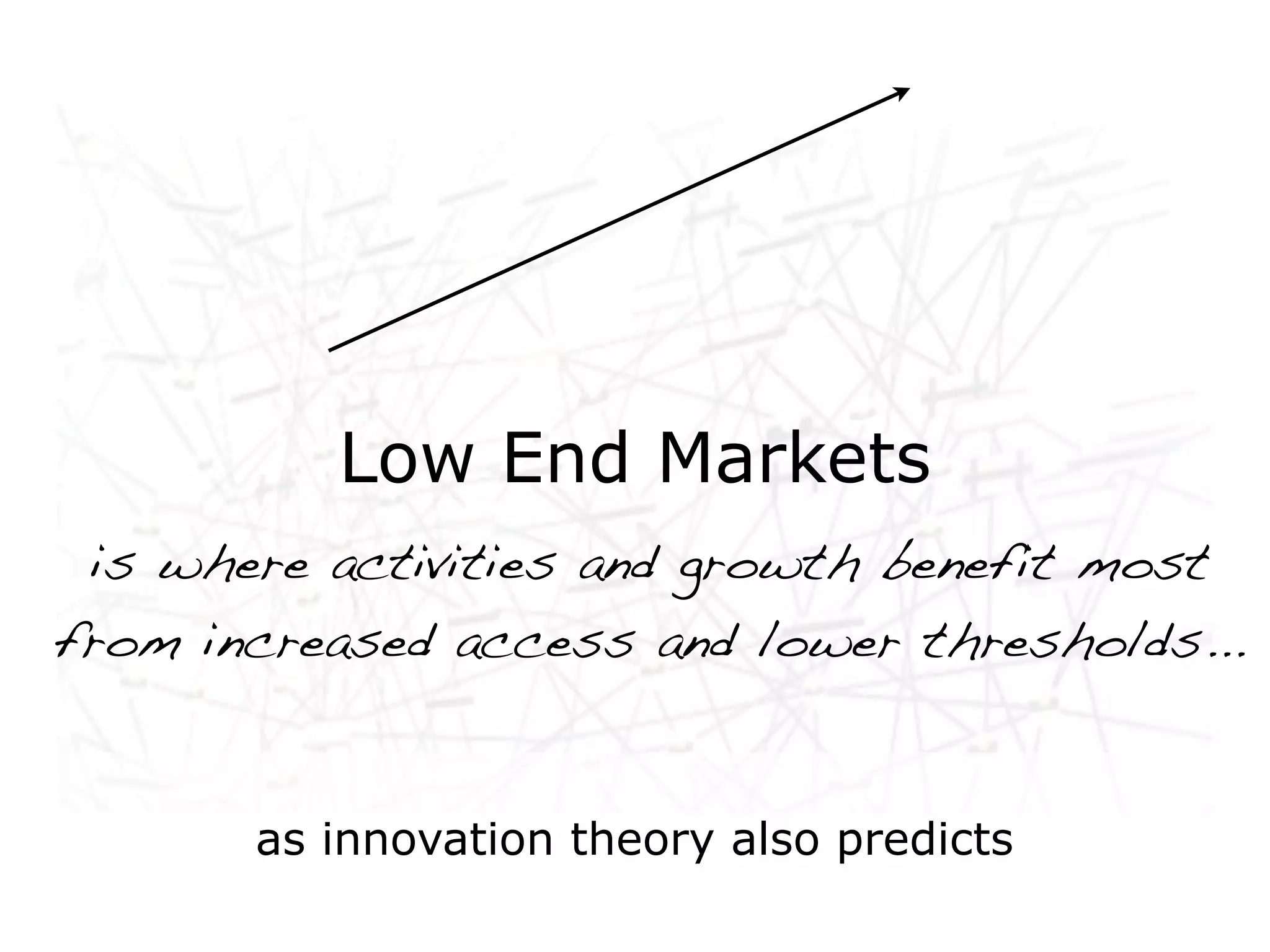 Low End Markets
 is where activities and growth benefit most
from increased access and lower thresholds...


       as innovation theory also predicts
 