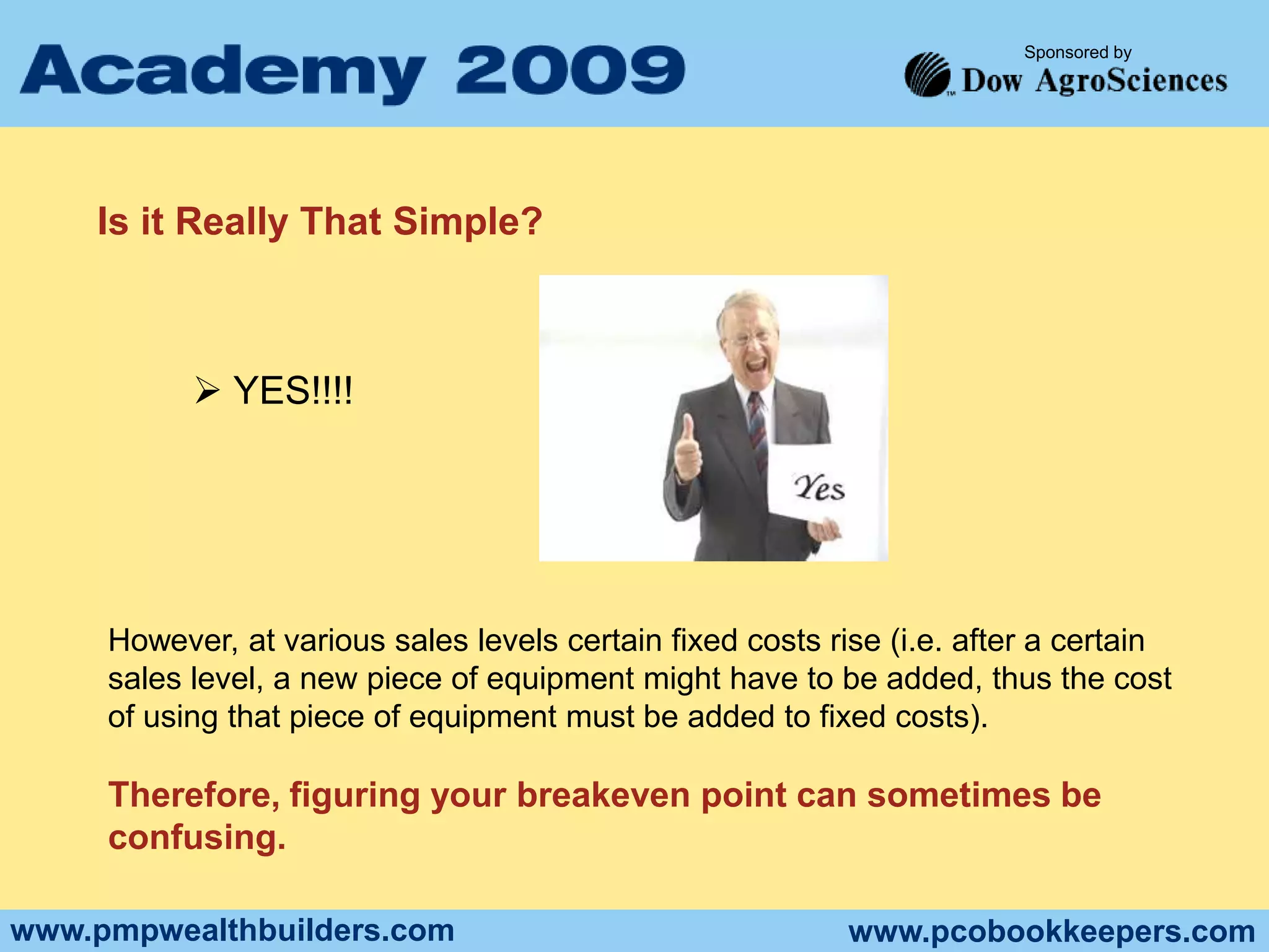 Sales Performance  Using the proposal Dates and follow-up dates we     can  age our proposals, last contact dates and make        estimates of likeliness of Closure.  What we obviously find is the older the proposal the     less likely we Close  it.  What happens if we introduce telemarketing?Sales PerformanceAND LAST BUT NOT LEAST……Sales Compensation as a percentage of Sales=Base salary + Commissions Total  Sales