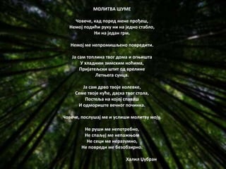 МОЛИТВА ШУМЕ
Човече, кад поред мене прођеш,
Немој подићи руку ни на једно стабло,
Ни на један грм.
Немој ме непромишљено повредити.
Ја сам топлина твог дома и огњишта
У хладним зимским ноћима,
Пријатељски штит од врелине
Летњега сунца.
Ја сам дрво твоје колевке,
Семе твоје куће, даска твог стола,
Постеља на којој спаваш
И одмориште вечног починка.
Човече, послушај ме и услиши молитву моју.
Не руши ме непотребно,
Не спаљуј ме непажњом
Не сеци ме неразумно,
Не повреди ме безобзирно.
Халил Џубран
 