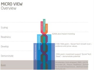 £250k plus Impact Investing 
£100-150k grant – Social Tech Growth fund – 
evidence and prove values 
£50k grant, investment support ‘Social Tech 
Seed’ – demonstrate potential 
Accelerator, boot strapped, R&D, UnLTd 
Innovate UK,, Wayra, Healthbox , School 
for Social Entrepreneurs , Bethnal Green 
Ventures etc 
 