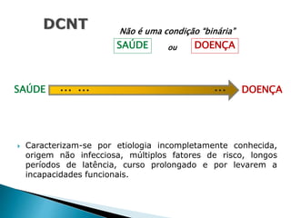  Caracterizam-se por etiologia incompletamente conhecida,
origem não infecciosa, múltiplos fatores de risco, longos
períodos de latência, curso prolongado e por levarem a
incapacidades funcionais.
SAÚDE DOENÇA
Não é uma condição “binária”
ou
SAÚDE DOENÇA
... ... ...
 