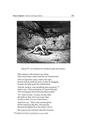 Dante Alighieri - Divine Comedy, Inferno 201
Figure 57: As I beheld two shadows pale and naked...
Who, biting, in the manner ran along
That a boar does, when from the sty turned loose.
One to Capocchio came, and by the nape
Seized with its teeth his neck, so that in dragging
It made his belly grate the solid bottom.
And the Aretine, who trembling had remained, 369
Said to me: “That mad sprite is Gianni Schicchi,
And raving goes thus harrying other people.”
“O,” said I to him, “so may not the other
Set teeth on thee, let it not weary thee
To tell us who it is, ere it dart hence.”
And he to me: “That is the ancient ghost
Of the nefarious Myrrha, who became
Beyond all rightful love her father’s lover.
She came to sin with him after this manner,
369
Griffolino d’Arezzo, mentioned in Canto XXIX.
 