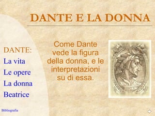 DANTE E LA DONNA
Come Dante
vede la figura
della donna, e le
interpretazioni
su di essa.
DANTE:
La vita
Le opere
La donna
Beatrice
Bibliografia
 