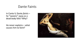 Dante Faints
In Canto V, Dante faints –
he “swoons” away as a
dead body falls? Why?
He never explains – what
causes him to faint?
 