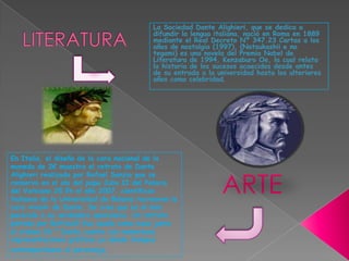La Sociedad Dante Alighieri, que se dedica a difundir la lengua italiana, nació en Roma en 1889 mediante el Real Decreto Nº 347.23 Cartas a los años de nostalgia (1997), (Natsukashii e no tegami) es una novela del Premio Nobel de Literatura de 1994, Kenzaburo Oe, la cual relata la historia de los sucesos acaecidos desde antes de su entrada a la universidad hasta los ulteriores años como celebridad. LITERATURAEn Italia, el diseño de la cara nacional de la moneda de 2€ muestra el retrato de Dante Alighieri realizado por Rafael Sanzio que se conserva en el ala del papa Julio II del Palacio del Vaticano.25 En el año 2007, científicos italianos de la Universidad de Bolonia recrearon la cara «real» de Dante. Se cree que es el más parecido a su verdadera apariencia. Un retrato pintado por Botticelli fue usado como base junto al cráneo.26 * Dante cuenta con numerosas representaciones gráficas ya desde tiempos contemporáneos al personaje, ARTE