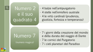 • 4 balze nell’antipurgatorio
• 4 stelle nell’emisfero australe
• 4 le virtù cardinali (prudenza,
giustizia, fortezza e temperanza)
Numero 2
e il suo
quadrato 4
• 7 i giorni della creazione del mondo
e della durata del viaggio di Dante
• 7 le cornici del Purgatorio
• 7 i cieli planetari del Paradiso
Numero 7
(numero magico)
 