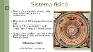 › Terra - sfera immobile situata nella
zona sublunare, al centro
dell’universo
› Oltre la sfera del fuoco ruotano nove
cieli (Luna, Mercurio, Venere, Sole, Marte, Giove, Saturno)
l’ottavo è il cielo stellato o delle
stelle fisse, il nono è il Primo Mobile
› Questi sono racchiusi tutti nella sfera
dell’Empireo, il cielo immobile sede di
Dio e dei beati
Sistema tolemaico
+
aristotelismo medievale
 
