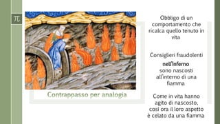 Obbligo di un
comportamento che
ricalca quello tenuto in
vita
Consiglieri fraudolenti
nell’Inferno
sono nascosti
all’interno di una
fiamma
Come in vita hanno
agito di nascosto,
così ora il loro aspetto
è celato da una fiamma
 