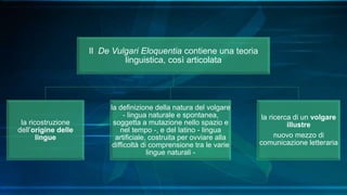 Il De Vulgari Eloquentia contiene una teoria
linguistica, così articolata
la ricostruzione
dell’origine delle
lingue
la definizione della natura del volgare
- lingua naturale e spontanea,
soggetta a mutazione nello spazio e
nel tempo -, e del latino - lingua
artificiale, costruita per ovviare alla
difficoltà di comprensione tra le varie
lingue naturali -
la ricerca di un volgare
illustre
nuovo mezzo di
comunicazione letteraria
 