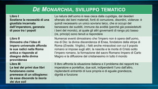 DE MONARCHIA, SVILUPPO TEMATICO
Libro I
Sostiene la necessità di una
giustizia incarnata
dall’imperatore, garanzia
di pace tra i popoli
La natura dell’uomo è resa cieca dalla cupidigia, dal desideri
sfrenato dei beni materiali, fonti di corruzione, disordini, violenze: è
quindi necessario un unico sovrano laico, che si occupi del
benessere dei sudditi, immune da avidità (perché già possiedetutti
i beni del mondo), al quale gli altri governanti di rango più basso
(re, principi) sono tenuti a rispondere
Libro II
Dimostra che l’idea di
impero universale affonda
le sue radici nella Roma
antica e risponde al
disegno della divina
provvidenza
Numerosi eventi dimostrano che l’impero non è opera dell’uomo,
ma di Dio: la divina discendenza di Enea, fondatore della stirpe di
Roma (Eneide, Virgilio), i fatti anche miracolosi con cui il popolo
romano si impose sugli altri, la nascita e la morte di Cristo sotto
l’impero romano, la formazione del sacro Romano Impero di Carlo
Magno e la diffusione del cristianesimo in tutto il mondo
Libro III
Le tesi dei primi due libri
funzionano come
premesse di un sillogismo:
da esse discende la teoria
dei due soli
Il libro affronta la situazione italiana e il problema dei rapporti tra
imperatore e pontefice, due soli, indipendenti l’uno dall’altro,
risplendenti entrambi di luce propria e di eguale grandezza,
dignità e funzione
 