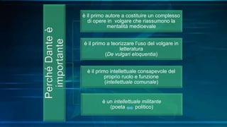 PerchéDanteè
importante
è il primo autore a costituire un complesso
di opere in volgare che riassumono la
mentalità medioevale
è il primo a teorizzare l’uso del volgare in
letteratura
(De vulgari eloquentia)
è il primo intellettuale consapevole del
proprio ruolo e funzione
(intellettuale comunale)
è un intellettuale militante
(poeta politico)
 