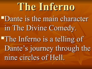 The Inferno
The Inferno

Dante is the main character
Dante is the main character
in The Divine Comedy.
in The Divine Comedy.

The Inferno is a telling of
The Inferno is a telling of
Dante’s journey through the
Dante’s journey through the
nine circles of Hell.
nine circles of Hell.
 